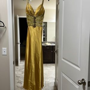 Beautiful gold satin long dress with beaded top